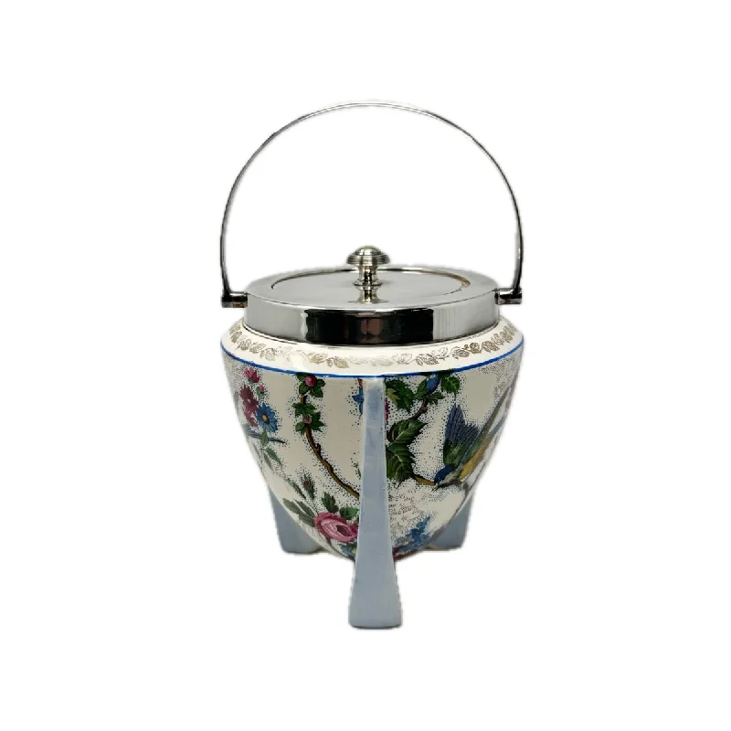 China Biscuit Barrel with Lid and Handle, decorated with Birds