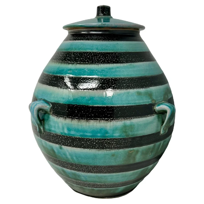 Striped Pottery Vessel with Lid and 4 Handles