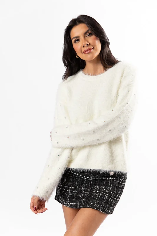 All That Glitters Rhinestone Sleeve Ivory Fuzzy Sweater