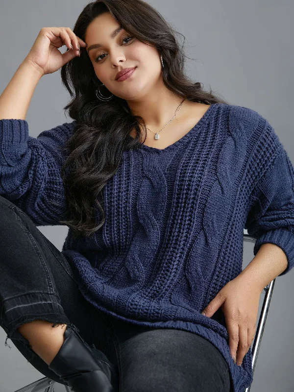 Cable Knit V-Neck Drop Shoulder Pullover