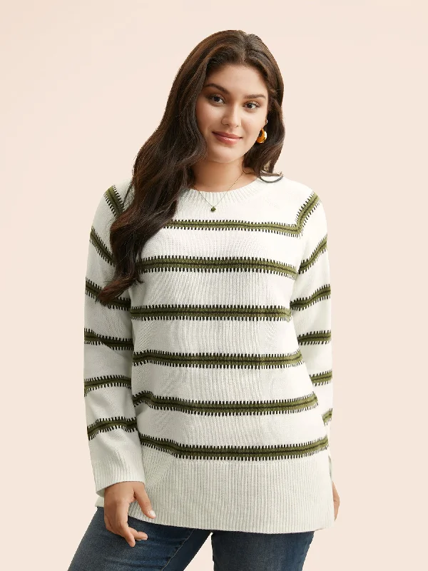 Contrast Striped Raglan Sleeve Slit Hem Pullover