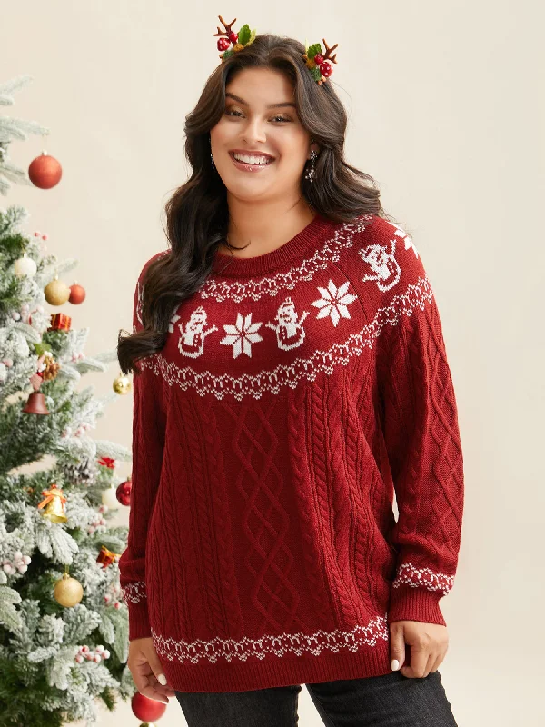 Snowman Printed Cable Knit Pullover