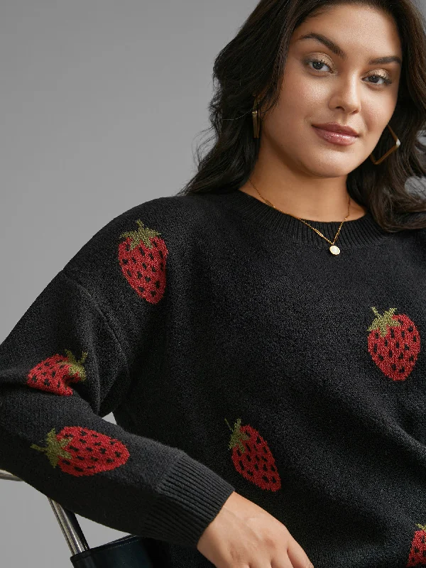 Strawberry Jacquard Drop Shoulder Sleeve Pullover