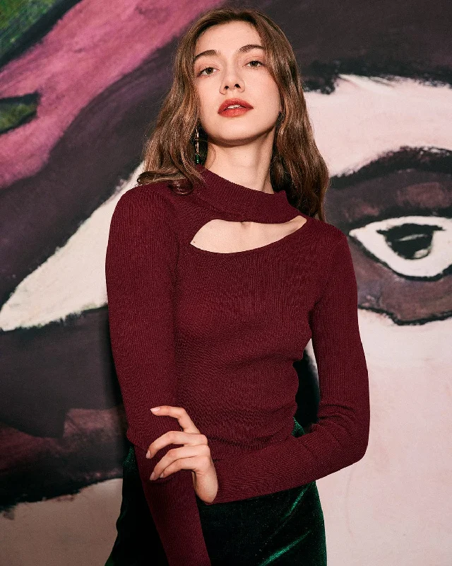 The Wine Red Slim-Fitting Cutout Knit Top