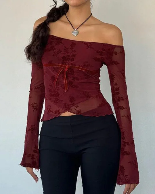 Women's Red Floral Off The Shoulder Tee