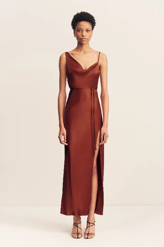 LINO DRAPED SIDE SPLIT MIDI DRESS - MAHOGANY