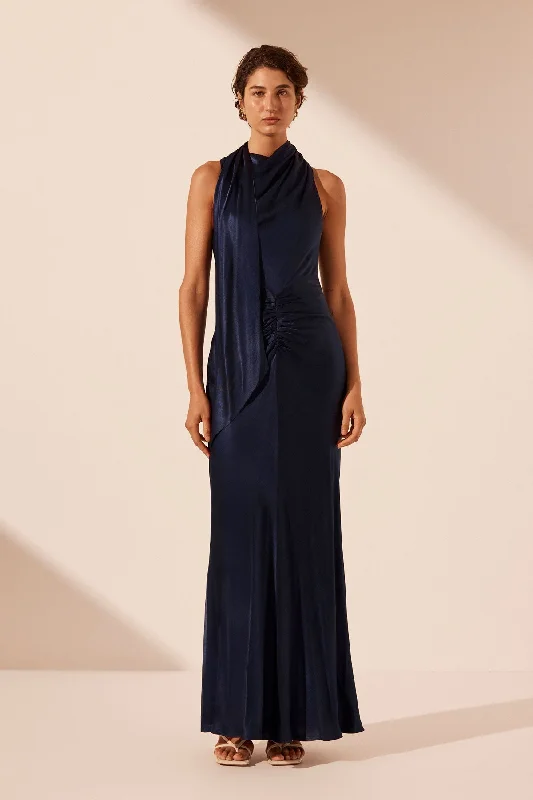 LINO SCARF NECK MAXI DRESS - DEEP MIDNIGHT