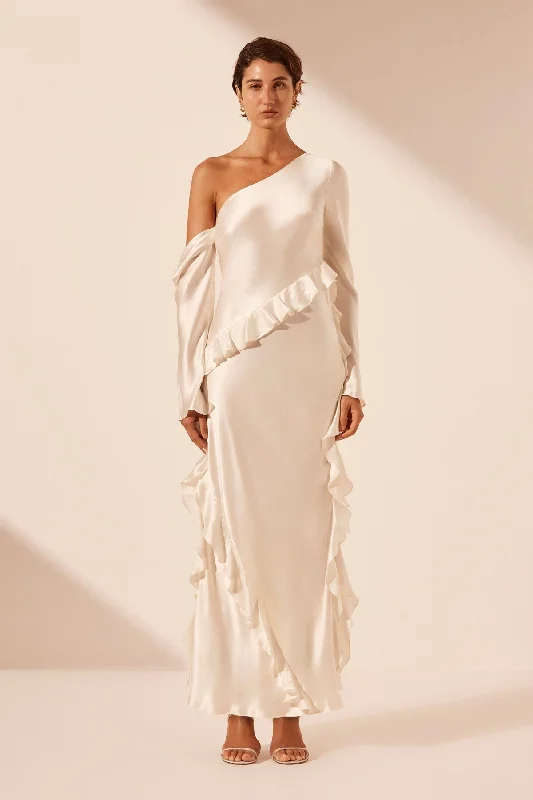 LOUELLA SILK ASYMMETRICAL LONG SLEEVE RUFFLE MAXI DRESS - IVORY