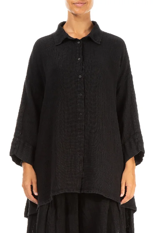 Loose Black Textured Linen Shirt