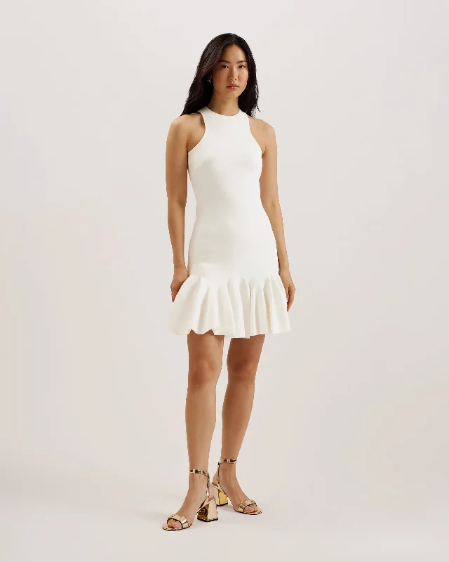 Elzaaa Fluted Hem Knitted Mini Dress Ivory