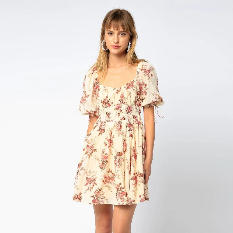 Ruched Bust Mini Dress (Cream Floral)