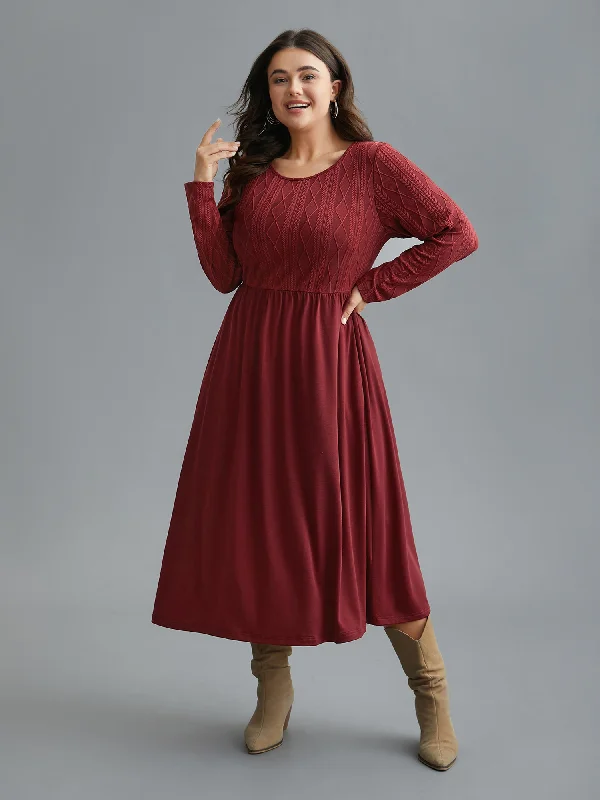 Cable Knit Round Neck Elastic Waist Midi Dress