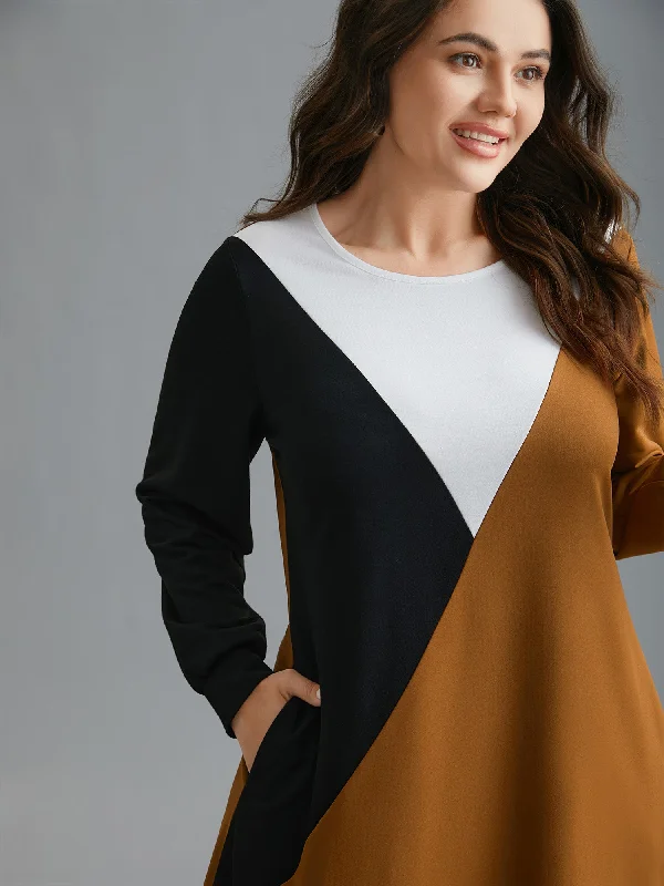 Colorblock Contrast Pockets Knitted Midi Dress