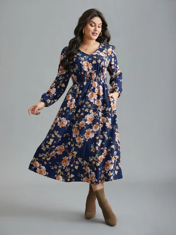 Floral Shirred V-Neck Maxi Dress