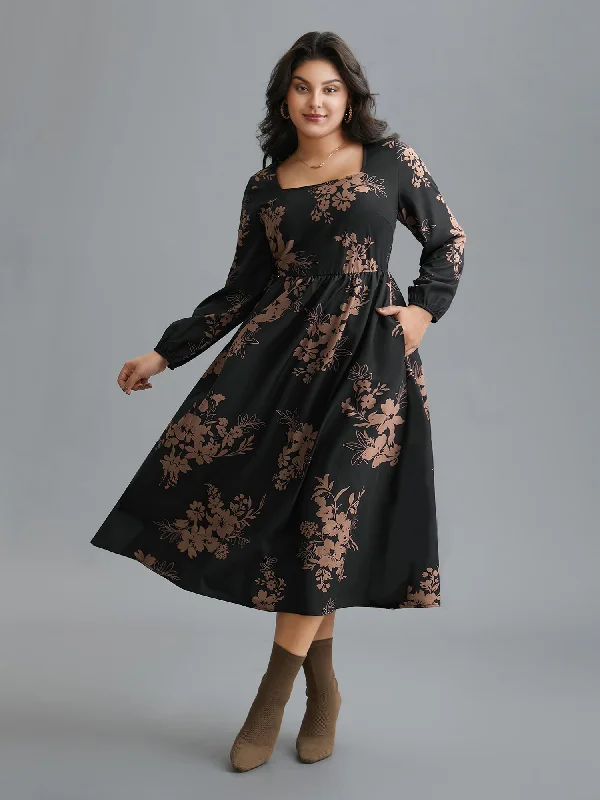 Floral Square Neck Pocket Midi Dress