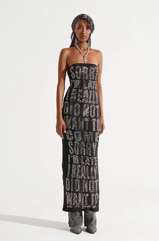 I'M LATE RHINESTONE GRAPHIC MIDI DRESS