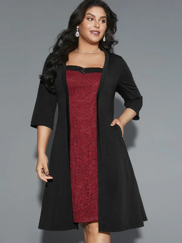 Lace Heart Neckline Pocket Midi Dress