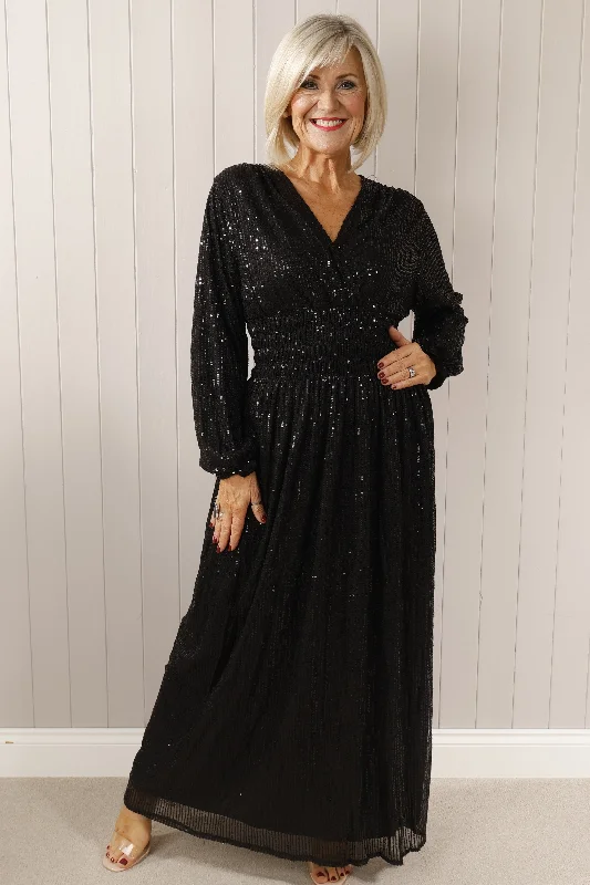 Long sleeve sequin maxi dress Black