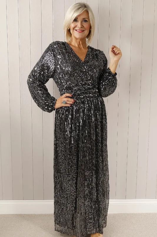 Long sleeve sequin maxi dress Silver