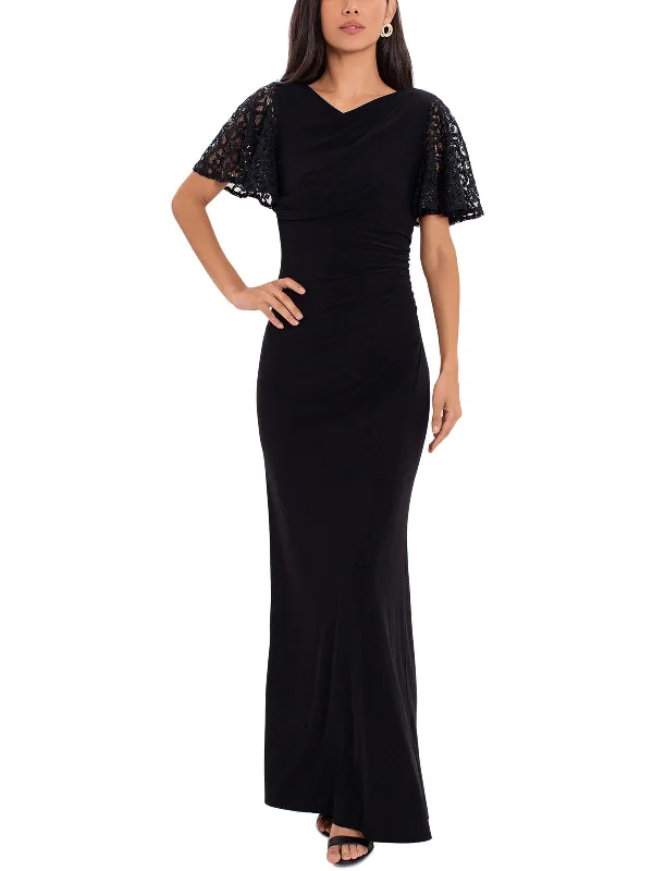 Petites Womens Lace Trim Maxi Evening Dress