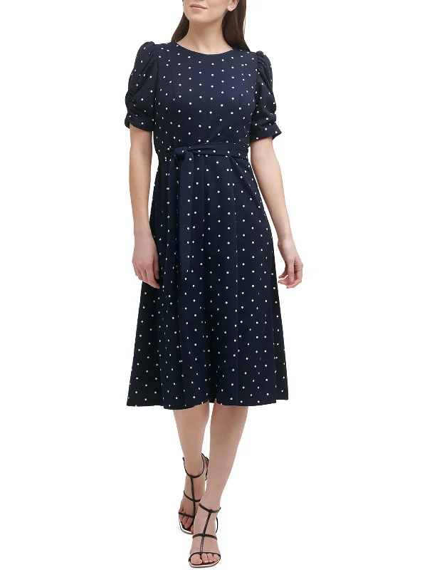 Petites Womens Polka Dot Knit Midi Dress