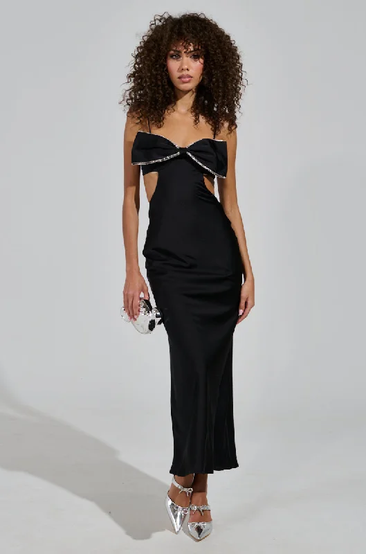 PUT A BOW ON IT SATIN MAXI DRESS IN BLACK