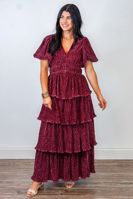 Holiday Shimmer Burgundy Maxi Dress