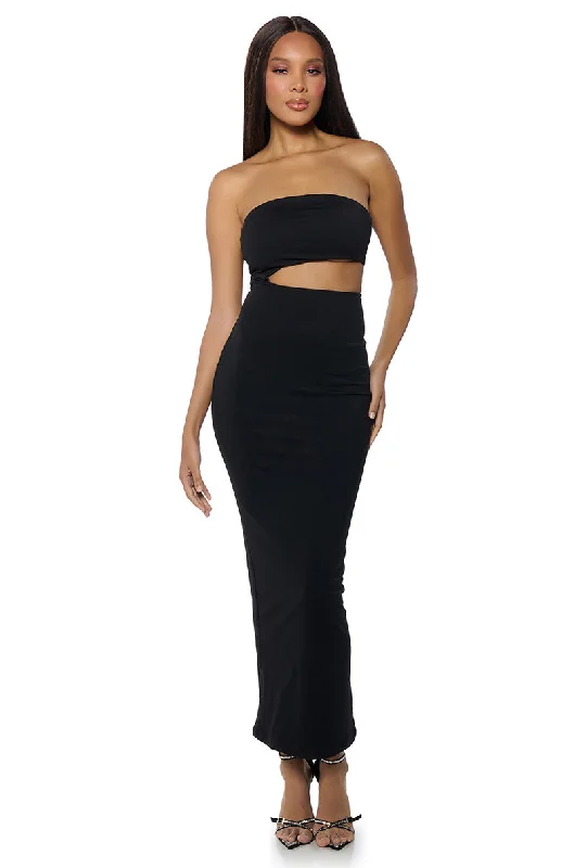 WOKE UP LIKE THIS STRAPLESS CUT OUT MIDI DRESS IN BLACK