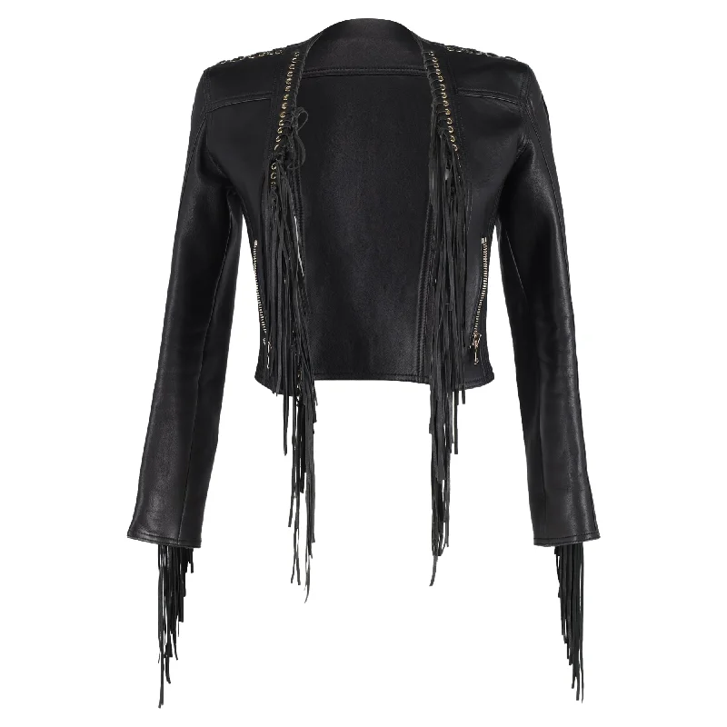 Balmain Fringe Cropped Jacket in Black Leather