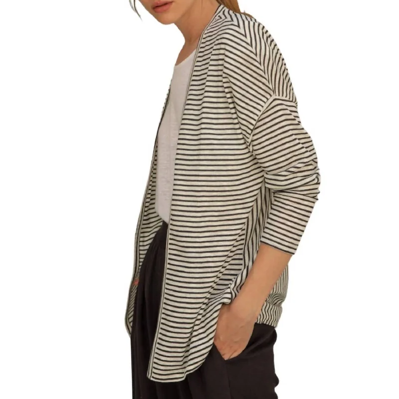 Linen Stripe Front Open Jacket In Black/white