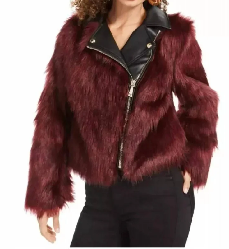 Long Sleeve Savage Faux Fur Moto Jacket In Love Bite Berry Multi