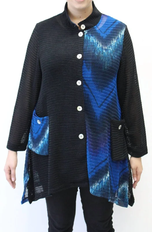 Mandarin Loose Weave Knit Jacket - Plus In Blue & Black