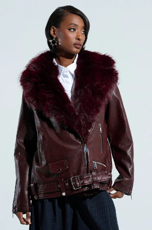 ON THE GO FUR TRIM MOTO IN BURGUNDY