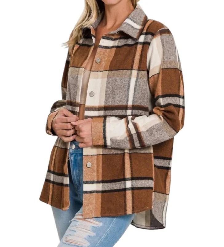 Yarn Dyed Plaid Shacket In Brown