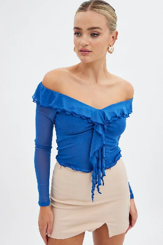 Blue Mesh Top Long Sleeve Off Shoulder Frill Lined