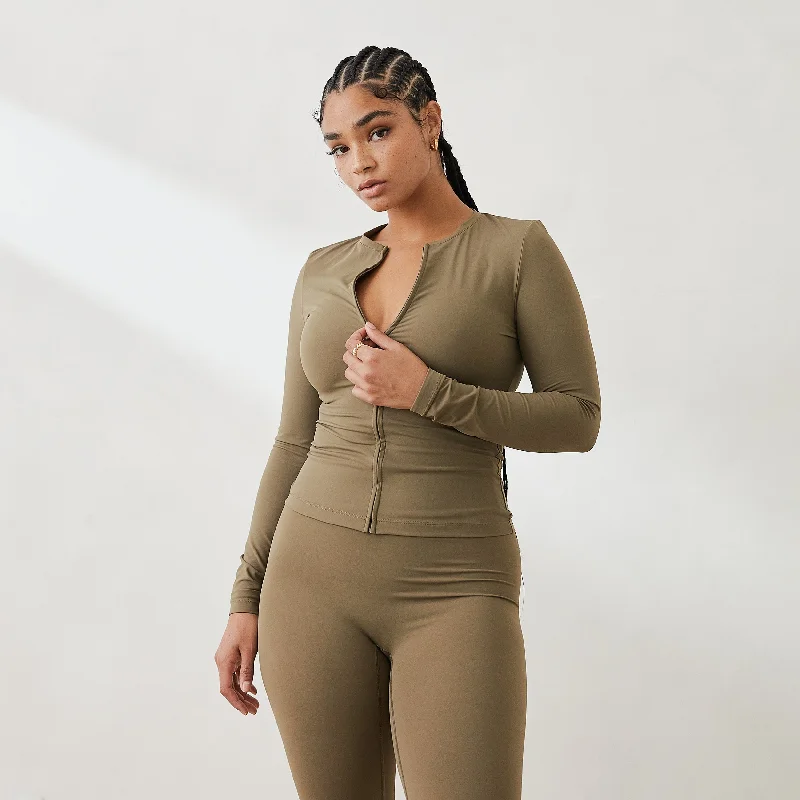 Essential Long Sleeve Zip Up Top - Olive