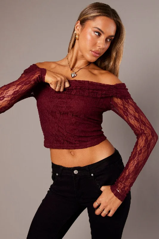 Red Off Shoulder Top Long Sleeve