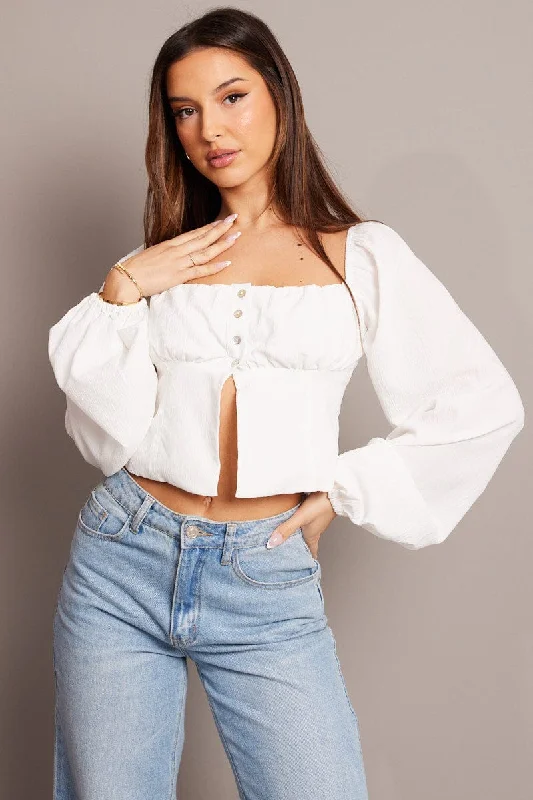 White Top Long Sleeve Square Neck Ruched Bust